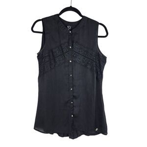 iO Black Silky Sleeveless Blouse with Lace Detail Pleated Back Button Up Top S